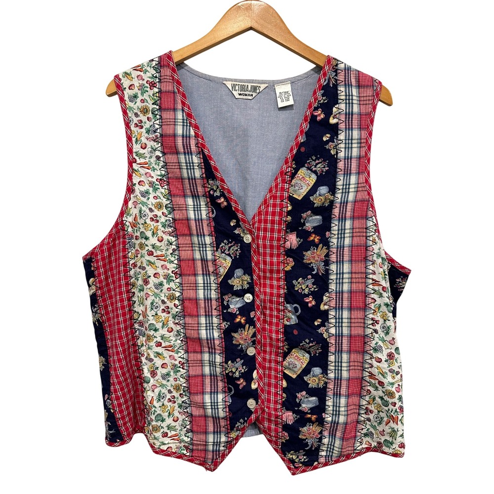 Victoria Jones Vintage Patchwork Floral Plaid Cotton Vest Size 18 Grannycore